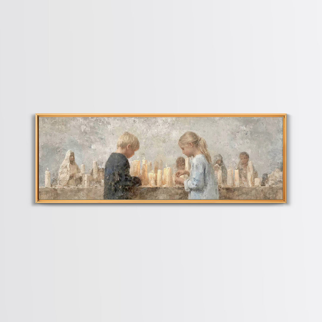 Little Lights Gathered | Framed Canvas Print | Christian Art Print | Christmas Wall Art | Panoramic Art | Christian Art Canvas | Christmas
