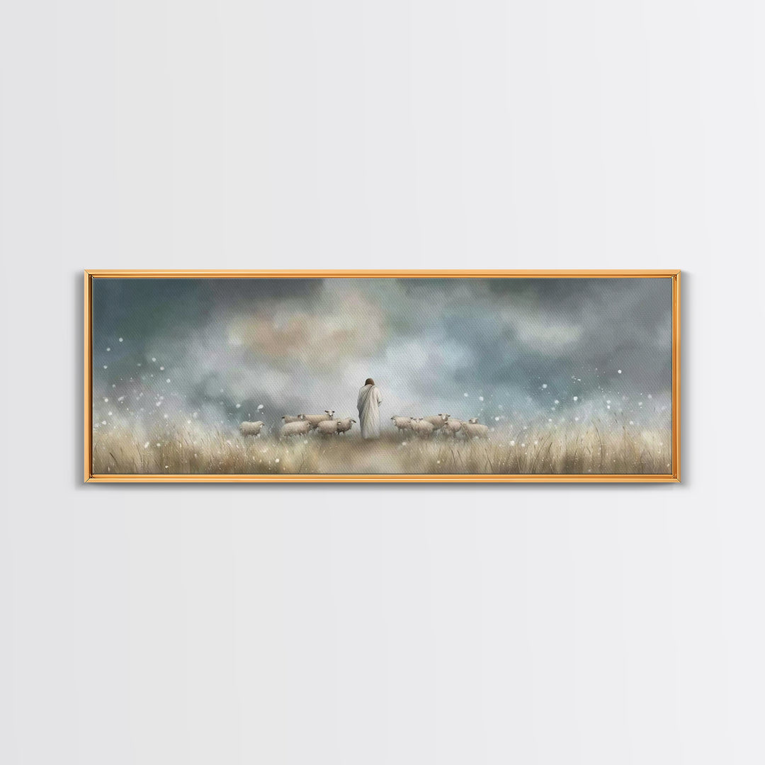 Pastoral Shepherd Light, Framed Canvas Print, Jesus Painting, Christian Wall Art, Panoramic Art, Christian Art Canvas, Christian Decoration