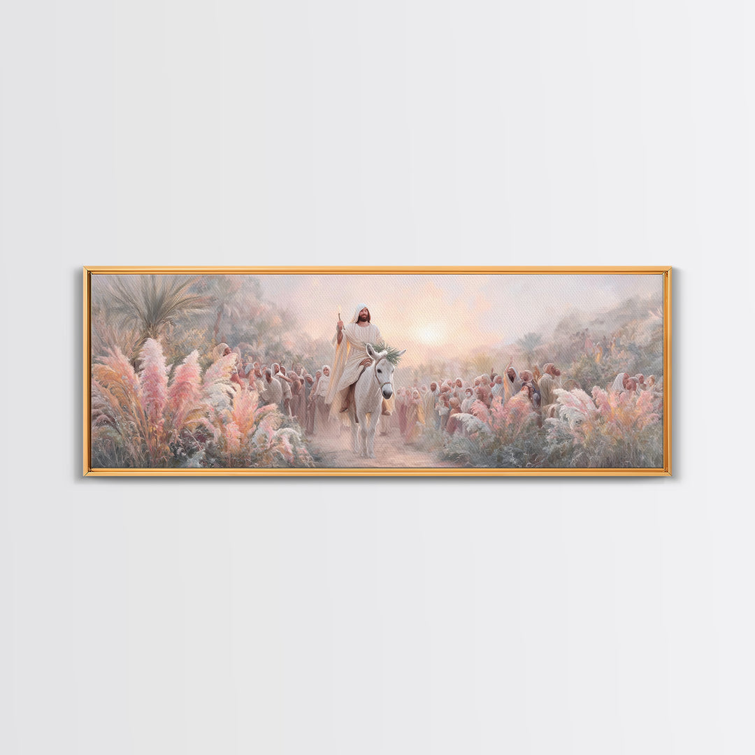 Palm Gate Welcome, Framed Canvas Print, Christian Painting, Panoramic Art, Jesus Canvas Art, Christian Christmas Art, Modern Christian Art