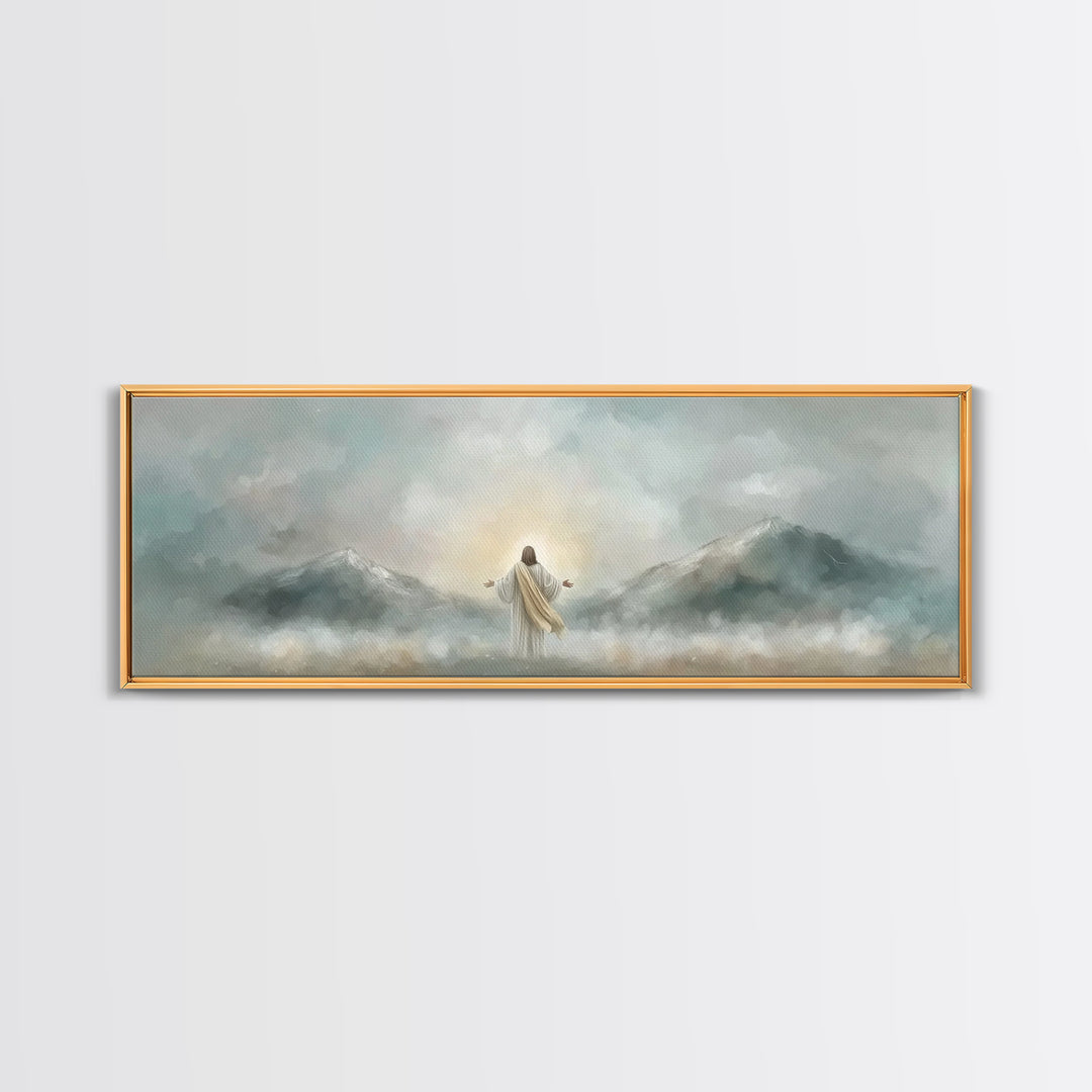 Radiant Summit Grace – Framed Canvas Print – Panoramic Art – Christian Wall Art – Jesus Painting – Christian Art Canvas