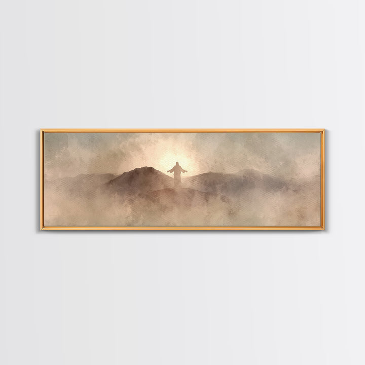 Dawn On Holy Heights, Framed Canvas Print, Panoramic Wall Art, Christian Art Canvas, Jesus Painting, Christian Art