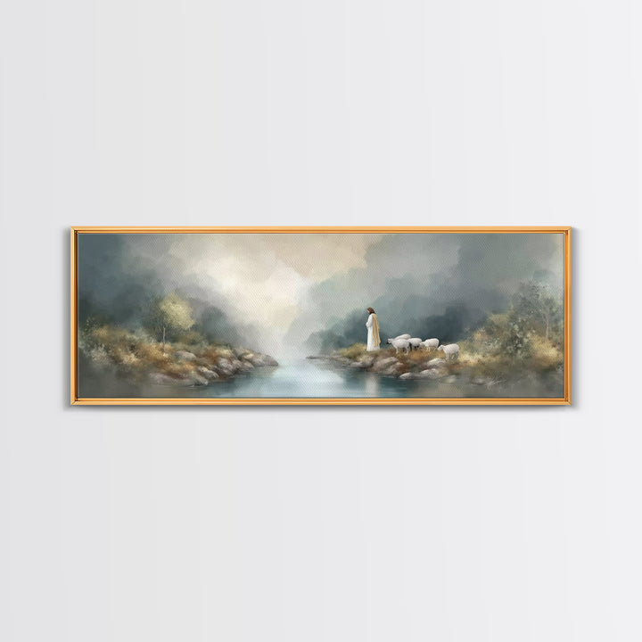 Shepherd's Quiet Path – Framed Canvas Print – Panoramic Frame – Jesus Painting – Christian Art Canvas – Christian Wall Art