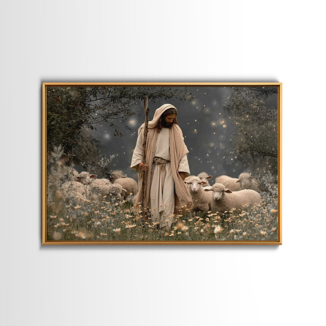 Guardian Of Lambs – Framed Canvas Print – Jesus Painting – Christian Art Canvas – Christian Wall Art – Christian Art – Christian Christmas
