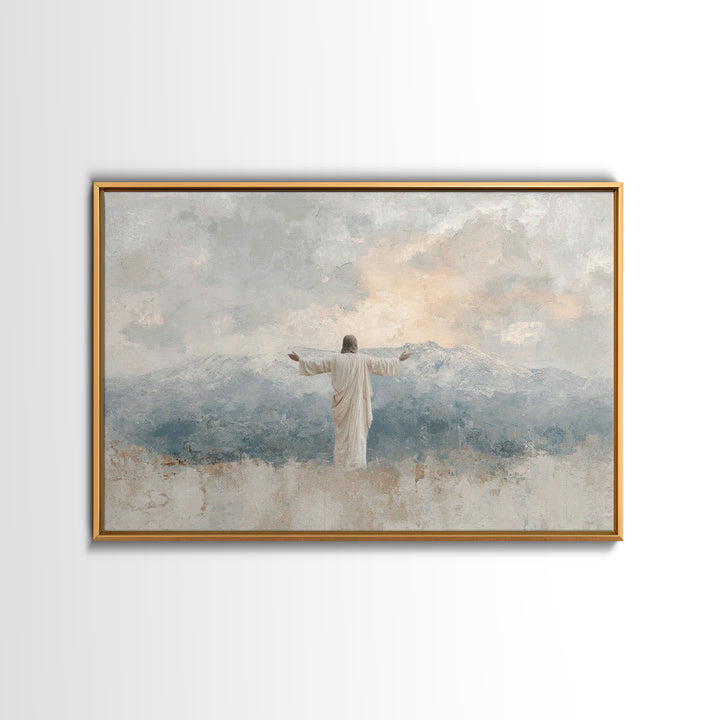 Mountain Dawn Savior – Framed Canvas Print – Christian Wall Art – Subtle Christian Art – Jesus Painting – Christian Art Canvas – Christian