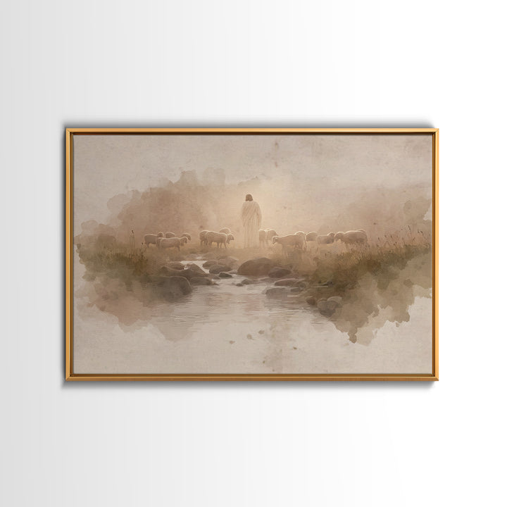 Golden Pastures Guide – Framed Canvas Print – Christian Wall Art – Jesus Painting – Christian Art Canvas – Pastoral Scenery – Christian Gif