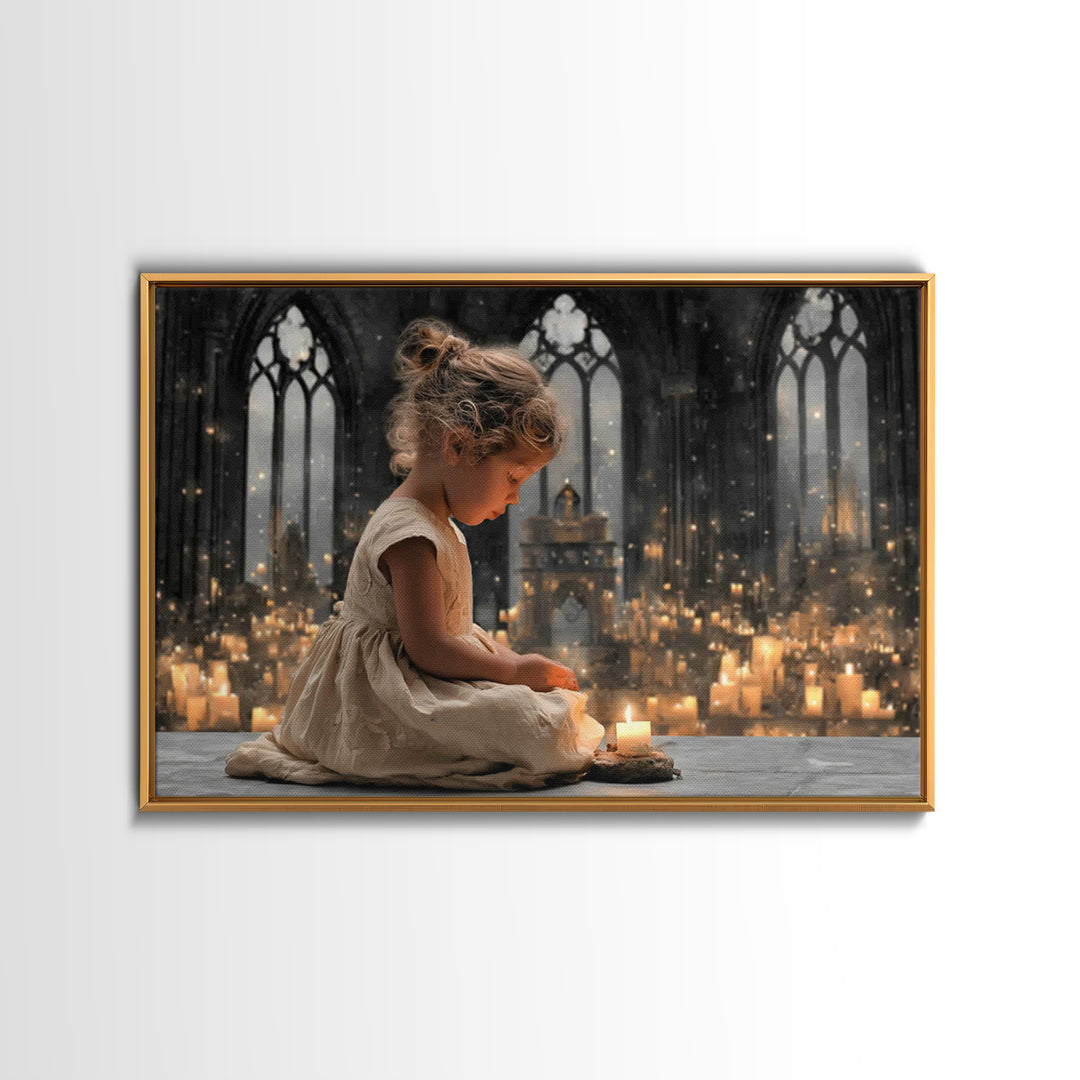 Cathedral Candle Prayer – Framed Canvas Print – Christian Art Canvas – Christian Wall Art – Moody Christian Art – Christian Christmas Art