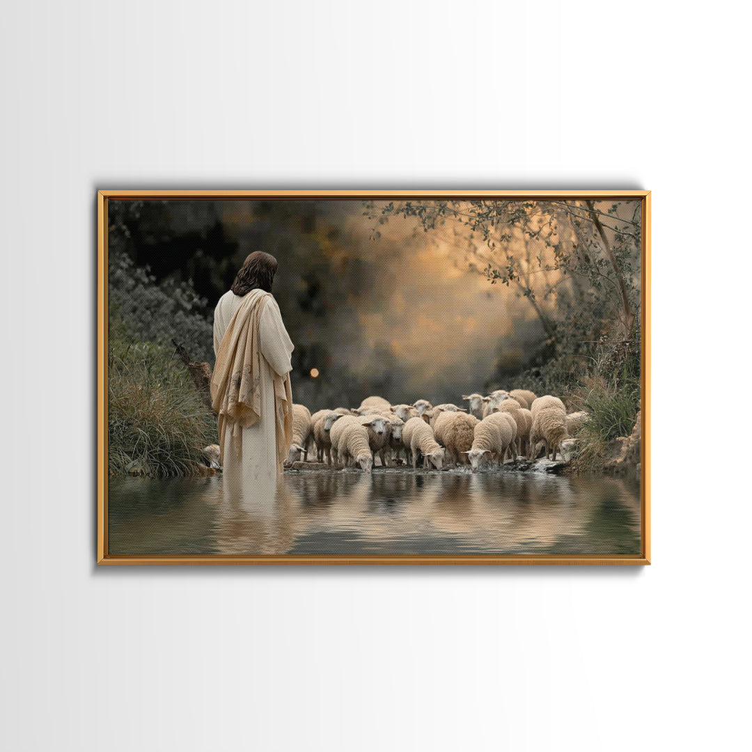 Evening Shepherd Calm – Framed Canvas Print – Christian Wall Art – Jesus Painting – Christian Art Canvas – Moody Christian Art – Christian