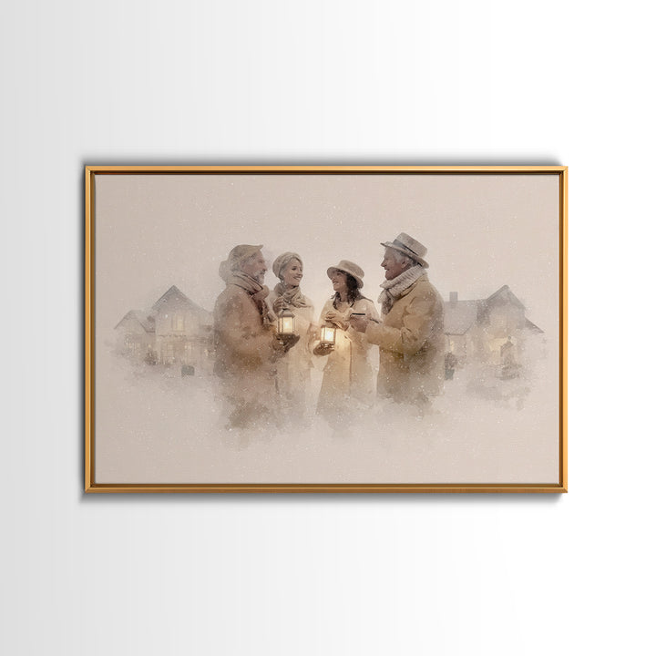 Lantern Gathering | Framed Canvas Print | Christmas Wall Art | Christian Christmas Art | Christmas Art Canvas | Retro Christmas Art | Holid