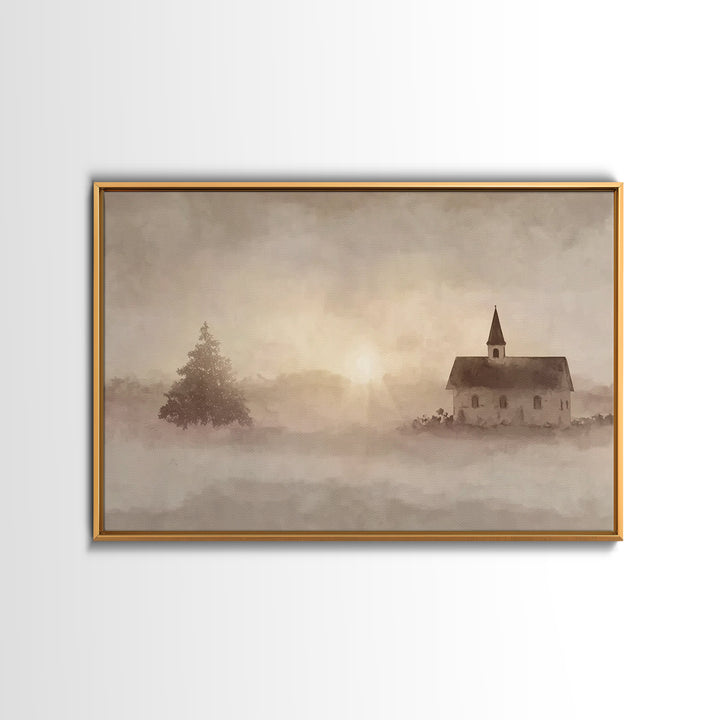 Misty Chapel Dawn – Framed Canvas Print – Christian Wall Art – Christian Art Canvas – Christian Painting – Modern Christian Painting – Chri
