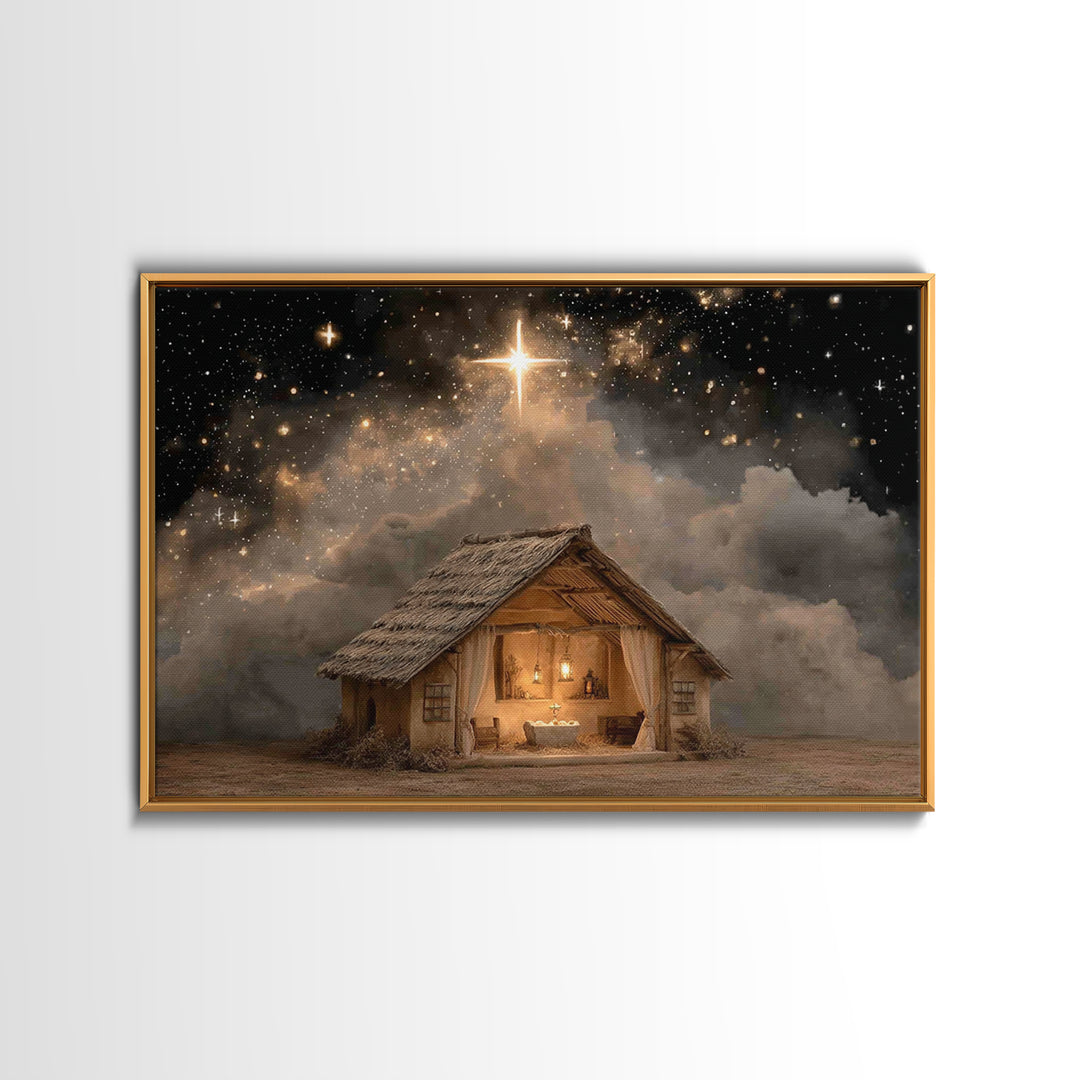 Holy Night Shelter – Framed Canvas Print – Christian Art Canvas – Christmas Art – Christian Wall Art – Christian Christmas Art – Christian