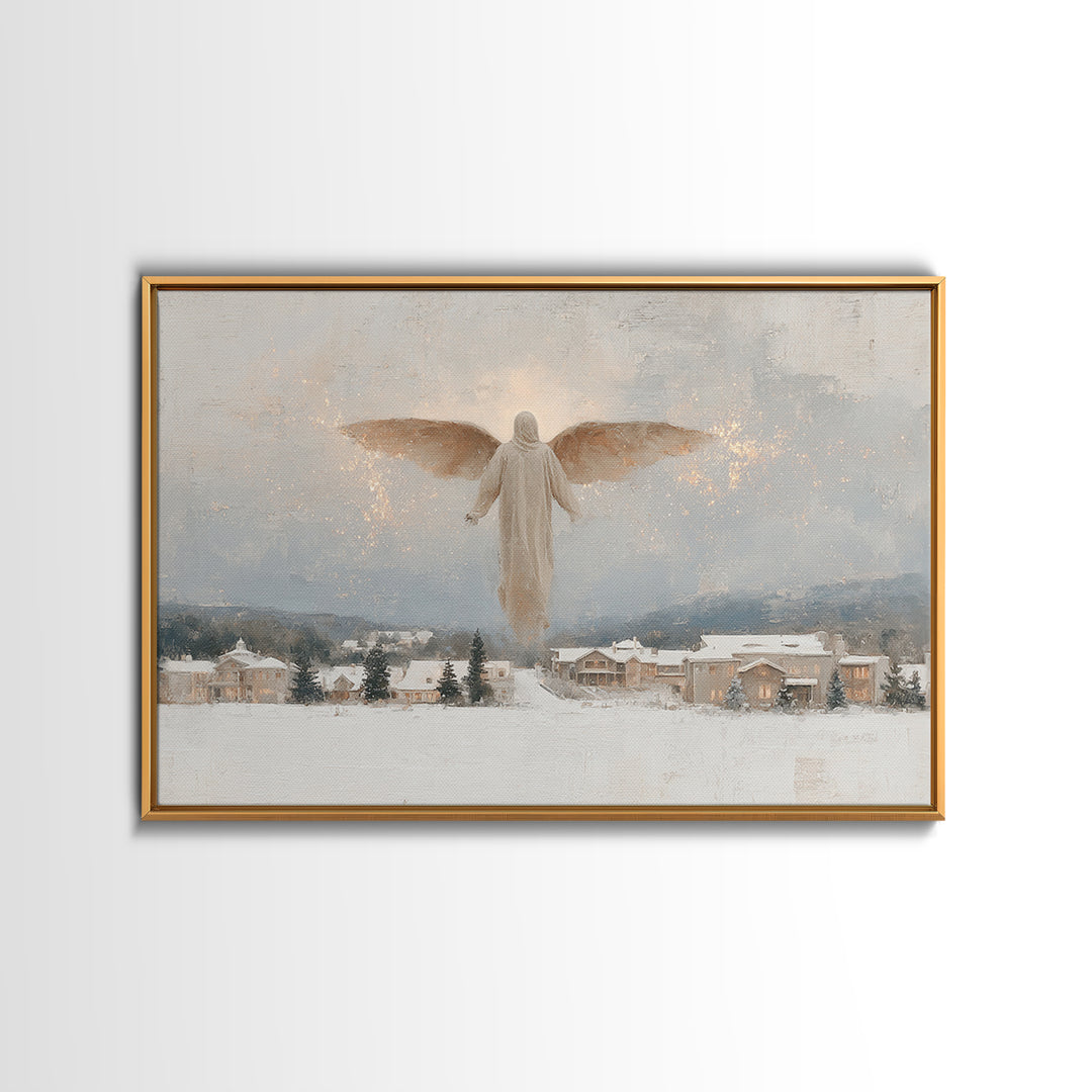 Snowfall Guardian – Framed Canvas Print – Christian Art Canvas – Christmas Art Prints – Vintage Christmas Art – Christian Wall Art