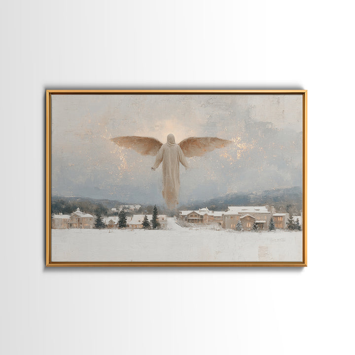 Snowfall Guardian – Framed Canvas Print – Christian Art Canvas – Christmas Art Prints – Vintage Christmas Art – Christian Wall Art