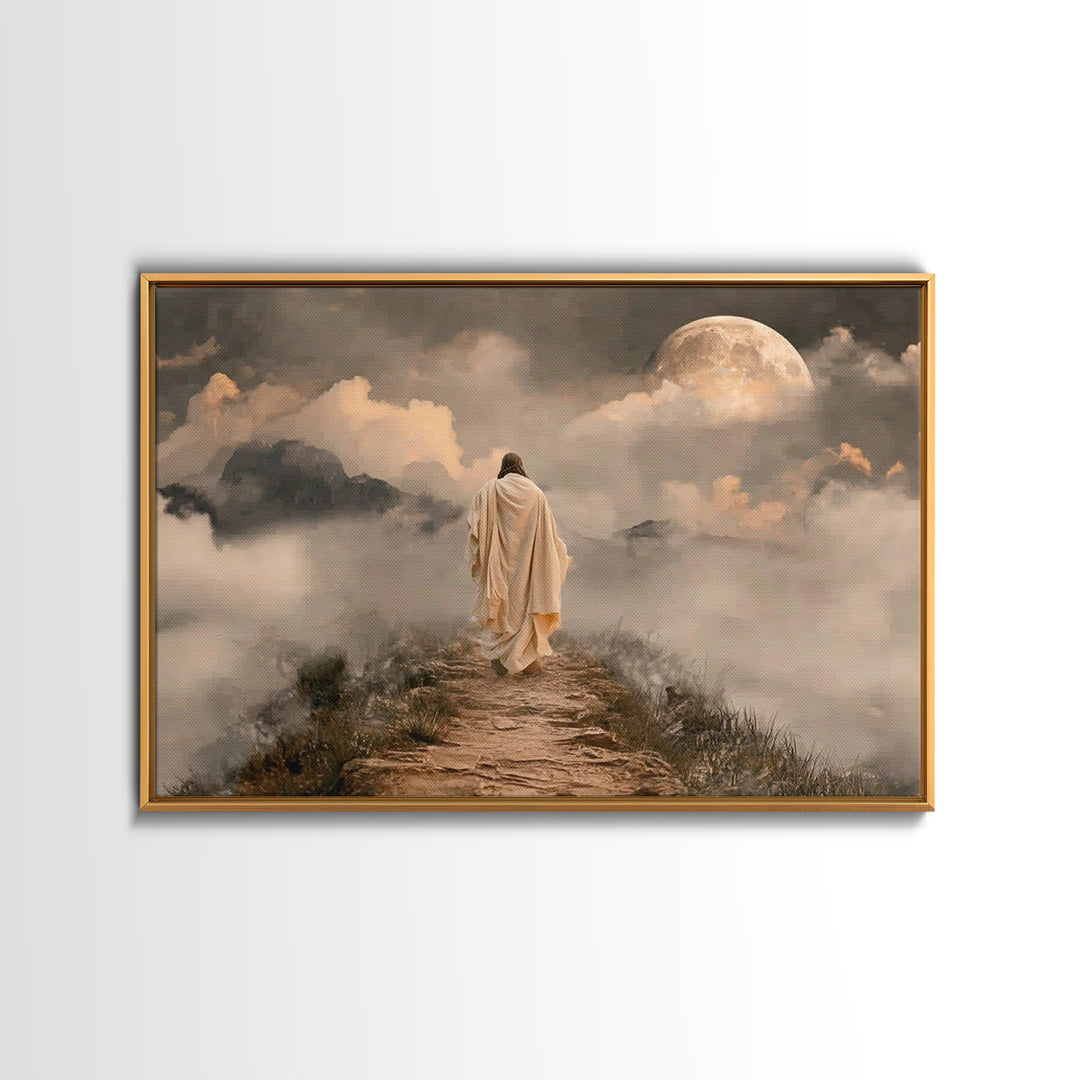 Moonlit Ascent | Framed Canvas Print | Jesus Painting | Christian Art Canvas | Christian Wall Art | Moody Christian Art