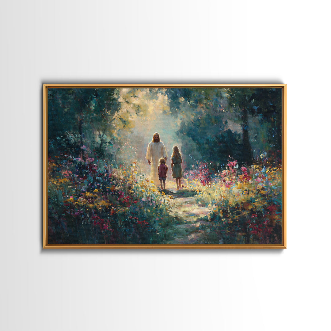 Garden Light Walk, Framed Canvas Print, Christian Art Canvas, Jesus Painting, Christian Wall Art, Christian Gift Ideas