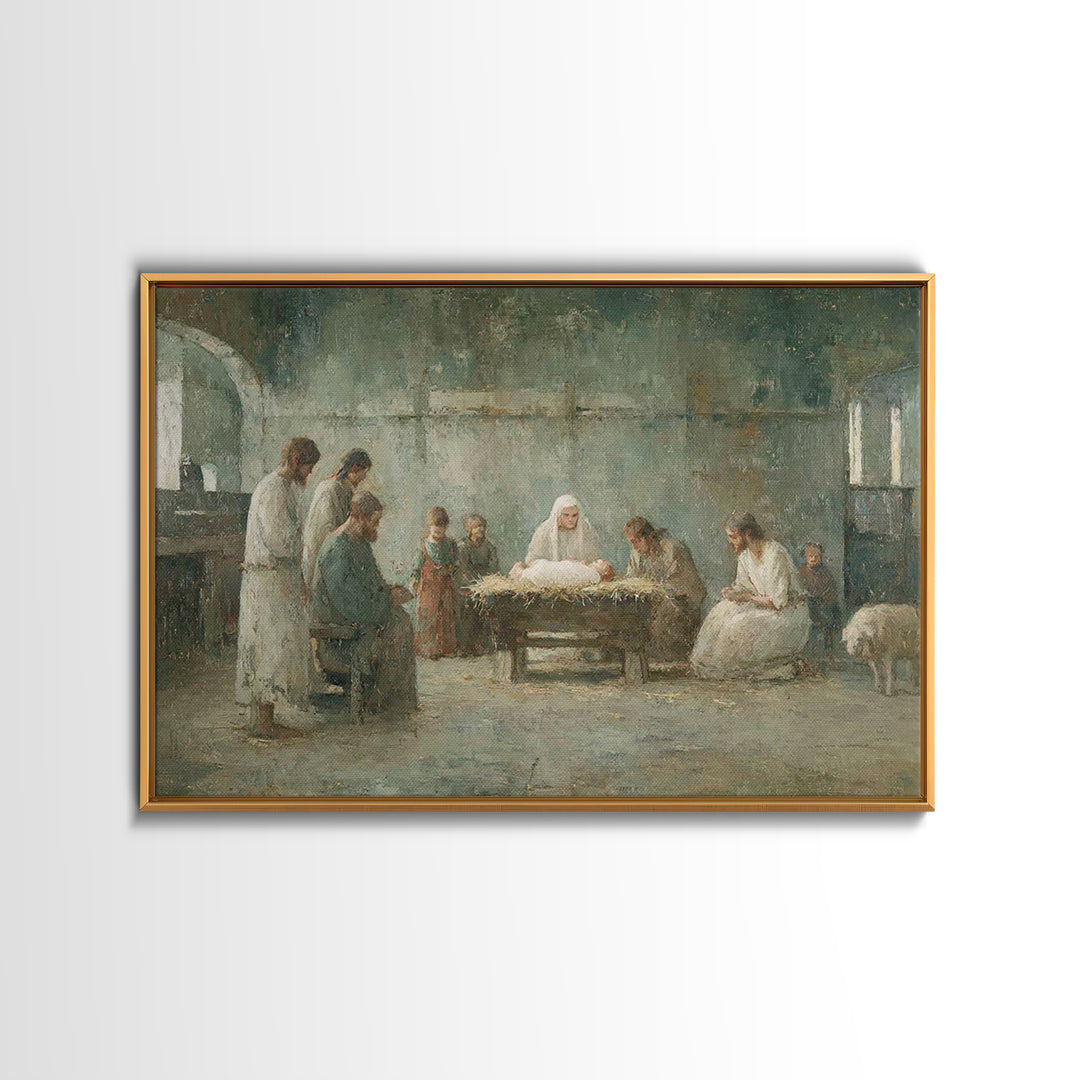 Holy Night Gathering – Framed Canvas Print – Christian Wall Art – Christian Art Canvas – Birth Of Jesus Painting – Christian Christmas Art