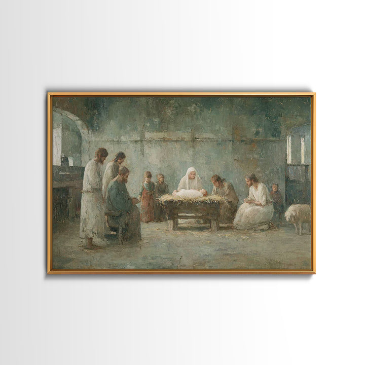 Holy Night Gathering – Framed Canvas Print – Christian Wall Art – Christian Art Canvas – Birth Of Jesus Painting – Christian Christmas Art