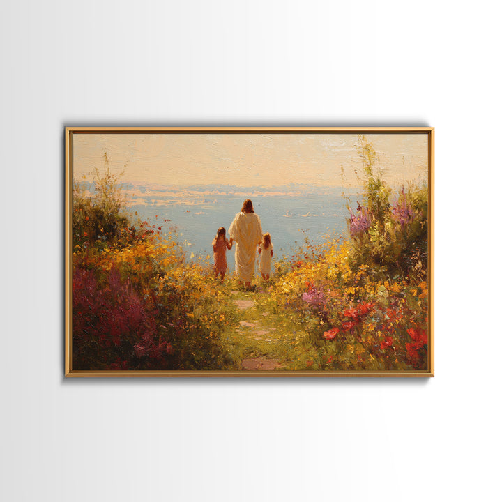 Golden Blossom Walk | Framed Canvas Print | Christian Wall Art | Jesus Painting | Christian Art Work | Bright Christian Art | Christian Chr