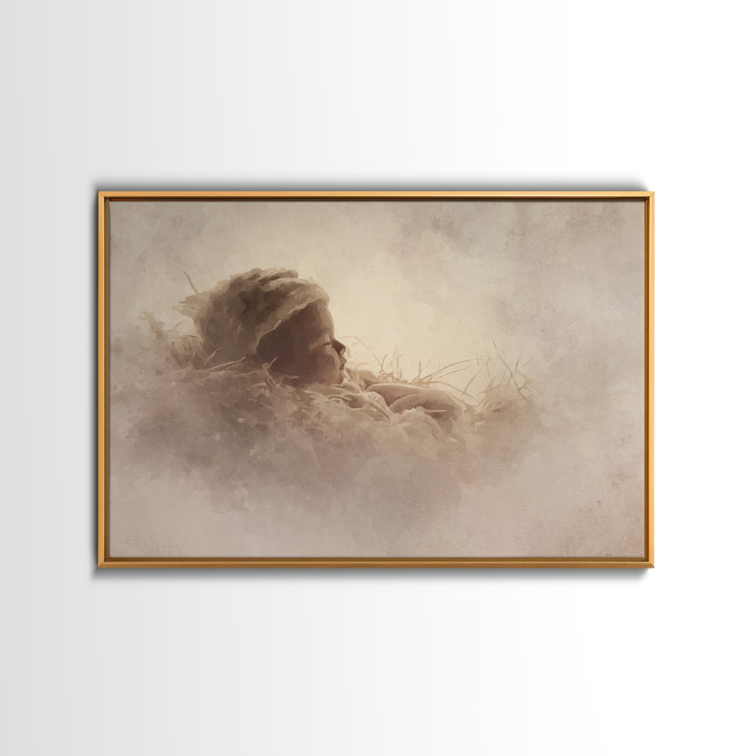 Silent Nativity Glow, Framed Canvas Print, Christian Christmas Art, Birth Of Jesus Painting, Christian Art Print, White Christmas Art, Chri