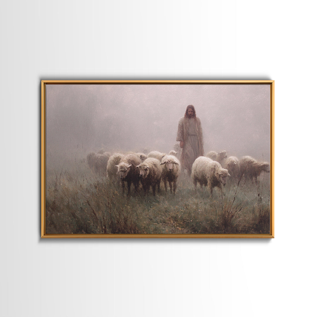 Misty Flock Dawn – Framed Canvas Print – Christian Paintings – Jesus Art Print – Pastoral Scenery – Modern Christian Art – Christian Wall A