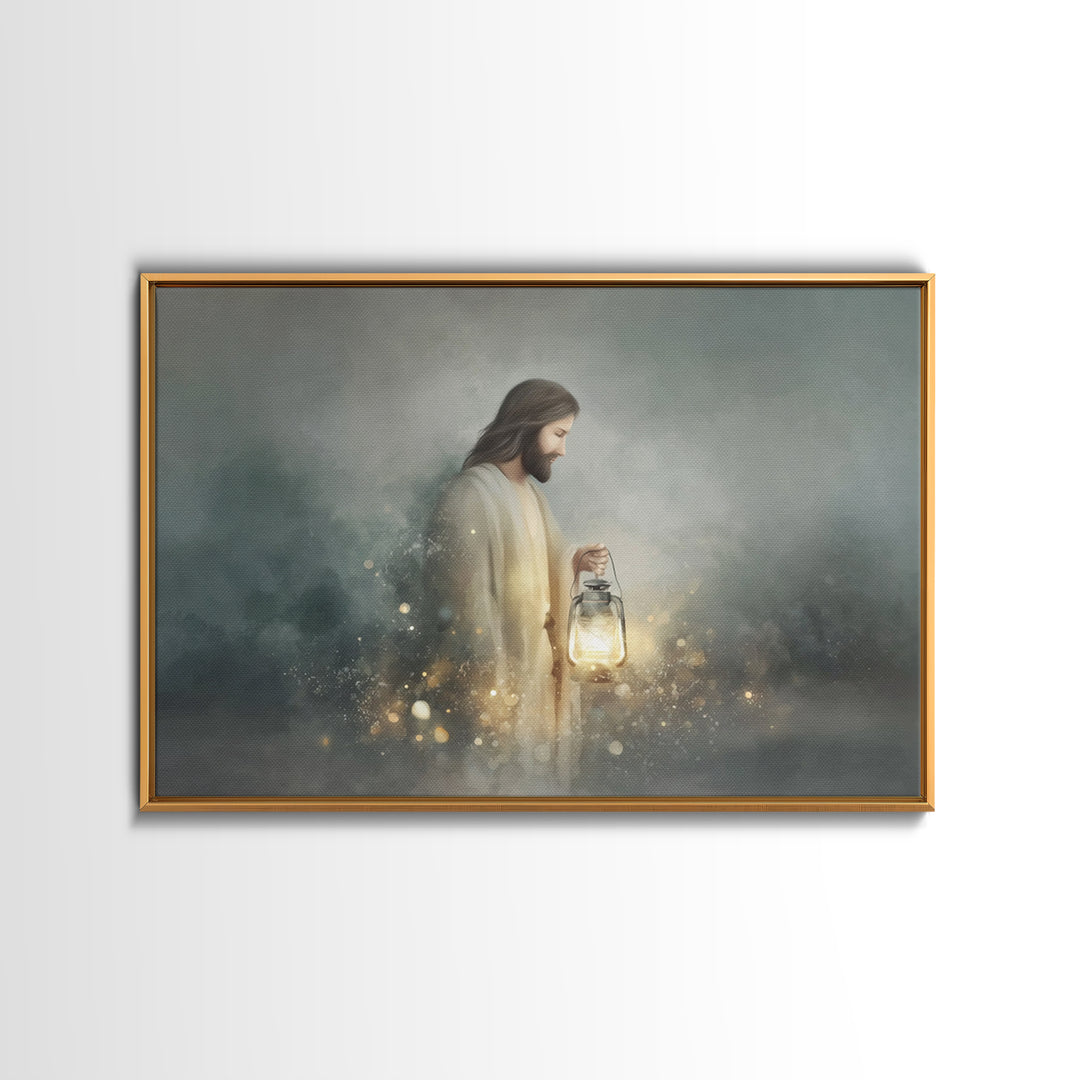 Guiding Lantern Light – Framed Canvas Print – Christian Wall Art – Jesus Painting – Christian Art Canvas – Christian Christmas Art – Modern