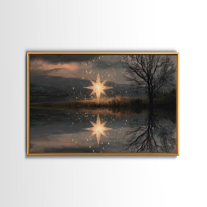 Guiding Star Glow – Framed Canvas Print – Christian Wall Art – Christian Christmas Art – Jesus Painting – Modern Christian Art – Christmas