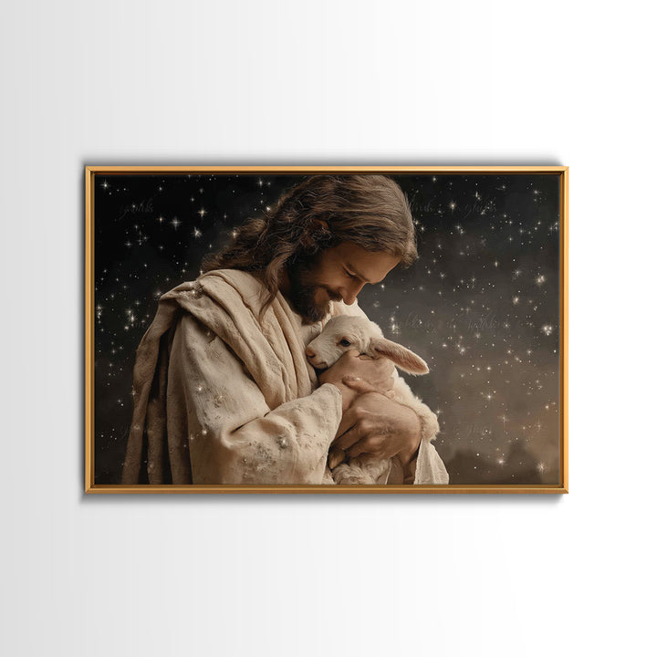 Starry Night Shepherd, Framed Canvas Print, Jesus Wall Art, Christian Art Canvas, Christian Wall Art, Christian Gift, Moody Christian Art