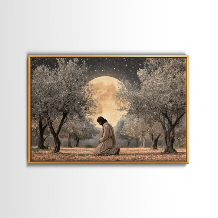 Moonlit Devotion - Framed Canvas Print - Christian Art Canvas - Jesus Painting - Christian Wall Art - Christian Christmas Art