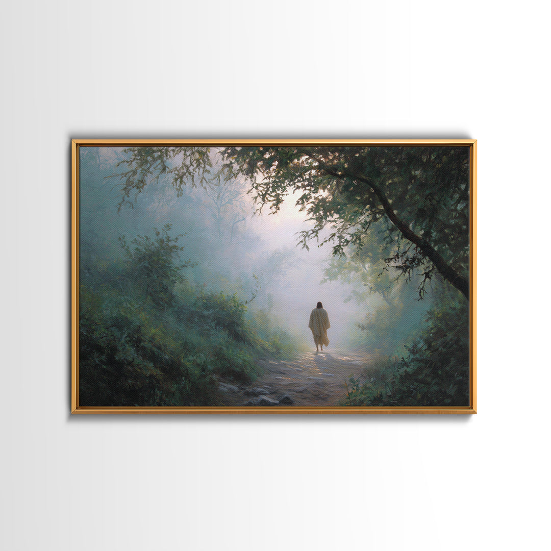 Forest Dawn Walk, Framed Canvas Print, Christian Wall Art, Christian Art Canvas, Jesus Painting, Moody Christian Art