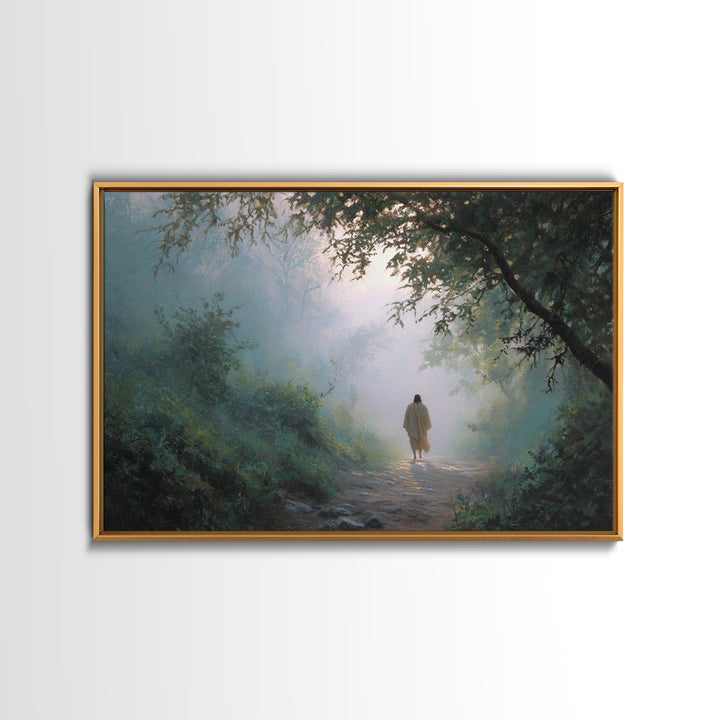 Forest Dawn Walk, Framed Canvas Print, Christian Wall Art, Christian Art Canvas, Jesus Painting, Moody Christian Art