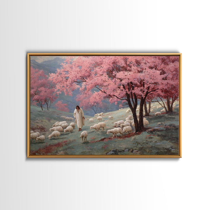Spring Shepherd Path - Framed Canvas Print - Jesus Painting - Christian Wall Art - Christian Art Canvas - Vintage Christian Art