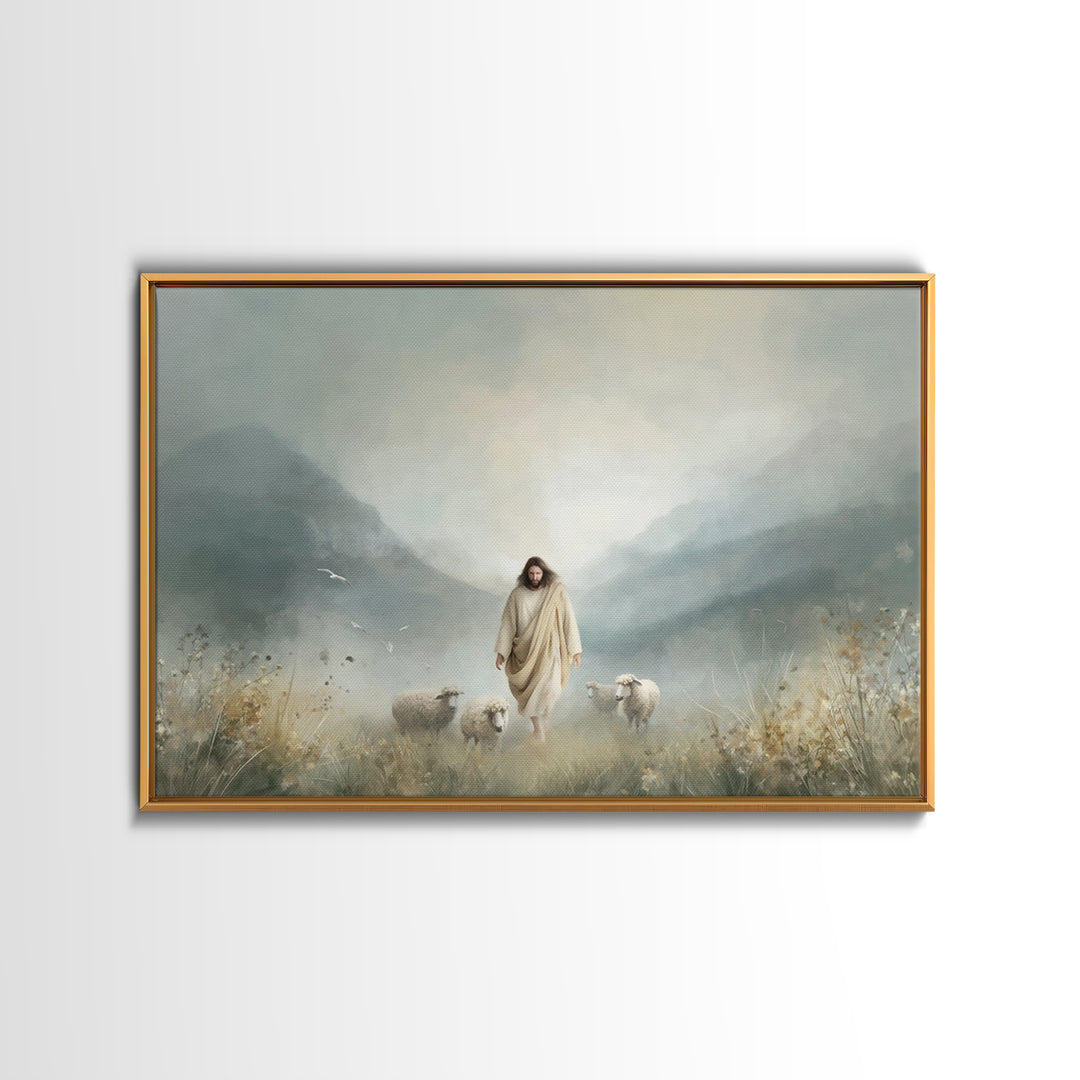 Evening Flock, Framed Canvas Print, Christian Wall Art, Jesus Painting Canvas, Moody Christian Art, Christian Decor, Large Christian Painti