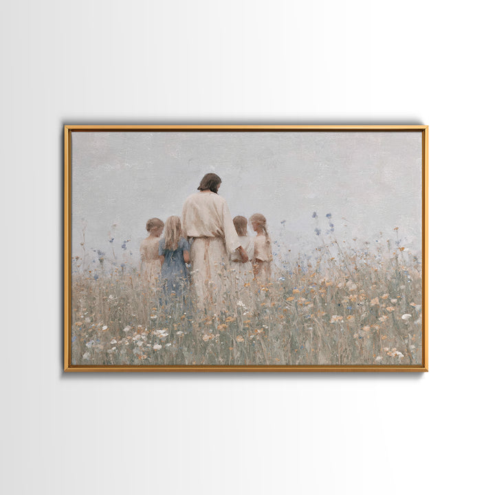Gentle Meadow Light, Framed Canvas Print, Jesus Painting, Christian Art Canvas, Christian Wall Art, Minimalist Christian Art, Christian Gif
