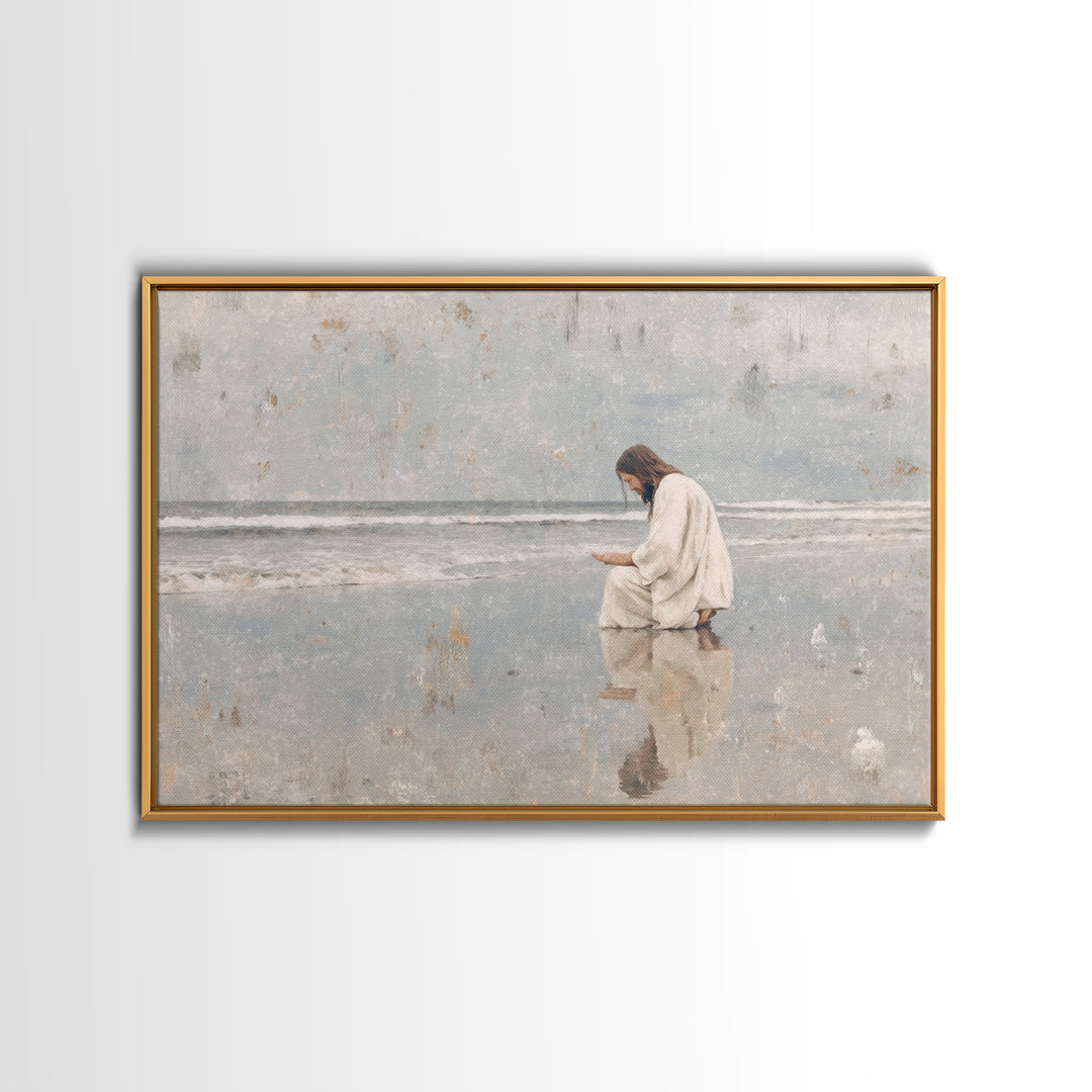 Shoreline Prayer, Framed Canvas Print, Christian Wall Art, Jesus Painting, Christian Art Canvas, Large Christian Art, Modern Christian Art