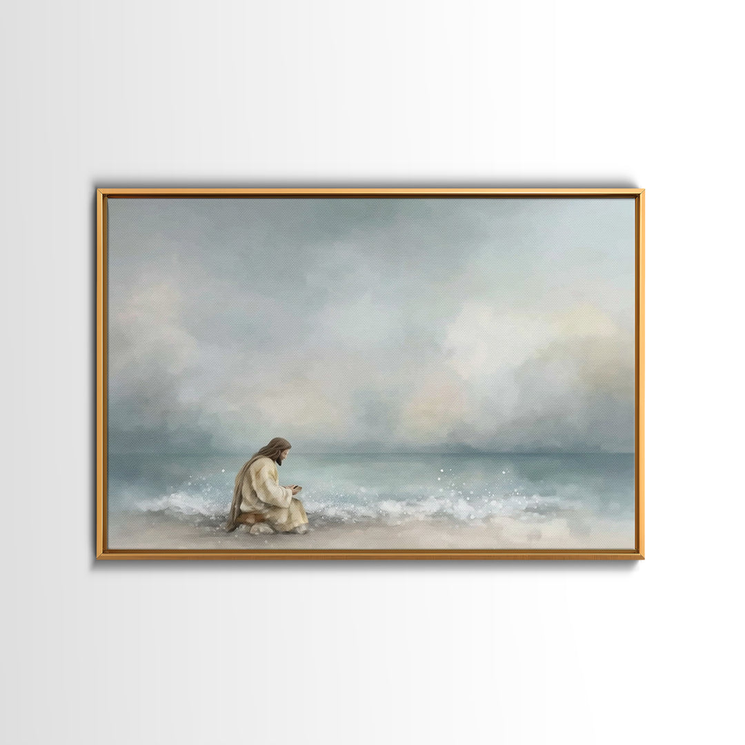 Quiet Sea Devotion, Framed Canvas Print, Christian Wall Art, Jesus Painting, Christian Art Canvas, Large Christian Art, Modern Christian Ar