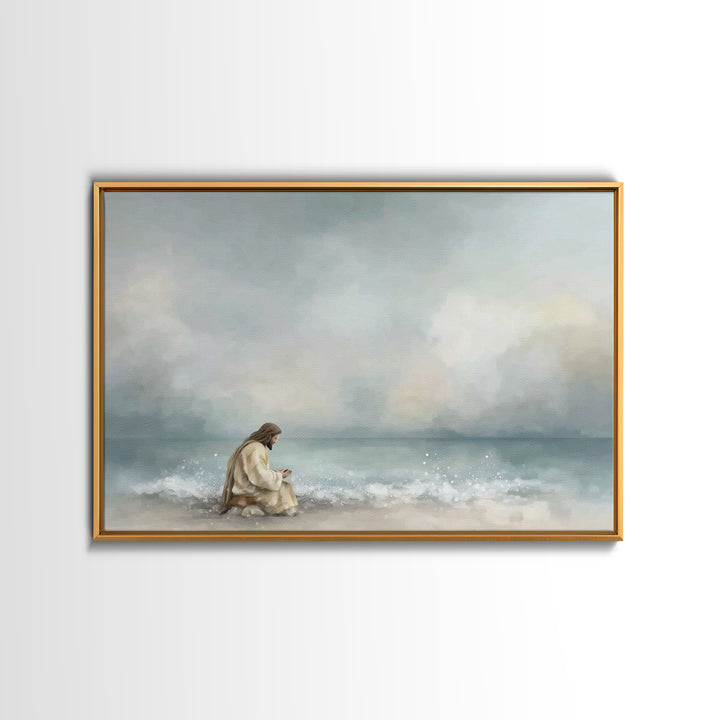 Quiet Sea Devotion, Framed Canvas Print, Christian Wall Art, Jesus Painting, Christian Art Canvas, Large Christian Art, Modern Christian Ar