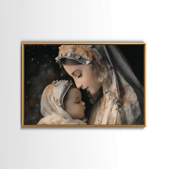 Starry Motherhood | Framed Canvas Print | Christian Wall Art | Mary And Jesus Painting | Christian Art Canvas | Christian Art