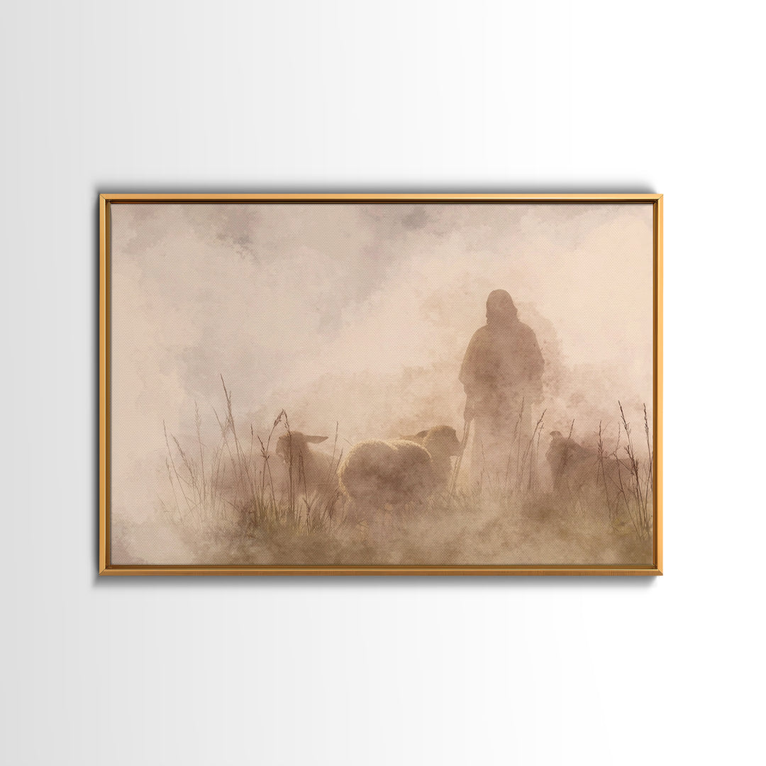Shepherd In The Mist – Framed Canvas Print – Christian Art Canvas – Christian Wall Art – Jesus Painting – Moody Christian Art – Christian G