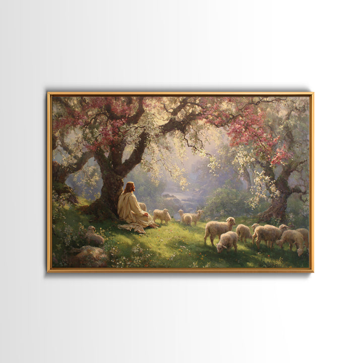 Pastoral Dawn Peace – Framed Canvas Print – Jesus Painting – Christian Wall Art – Christian Art Canvas – Christian Christmas Art – Christia