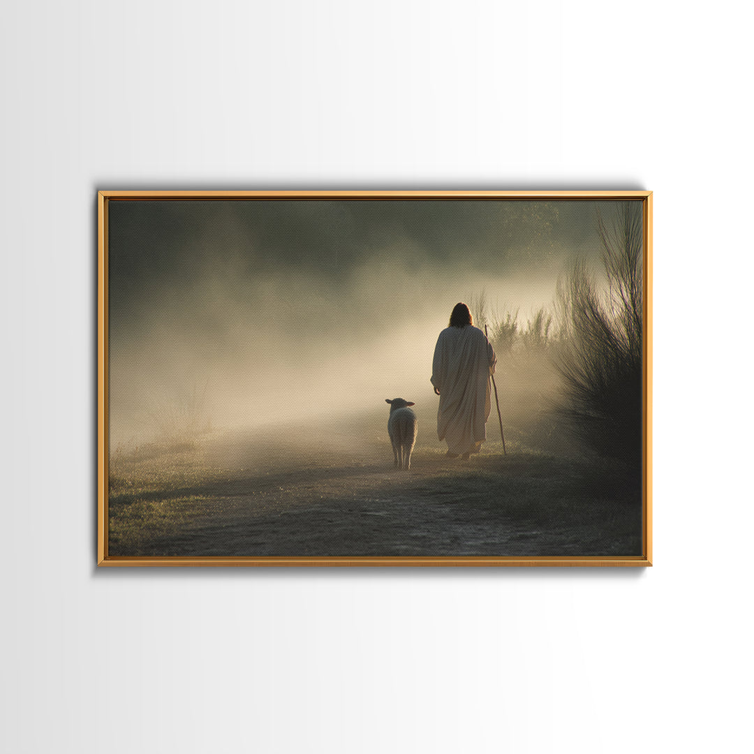 Dawn Shepherd Path – Framed Canvas Print – Jesus Painting – Christian Art Canvas – Christian Wall Art – Christian Decor – Christian Christm