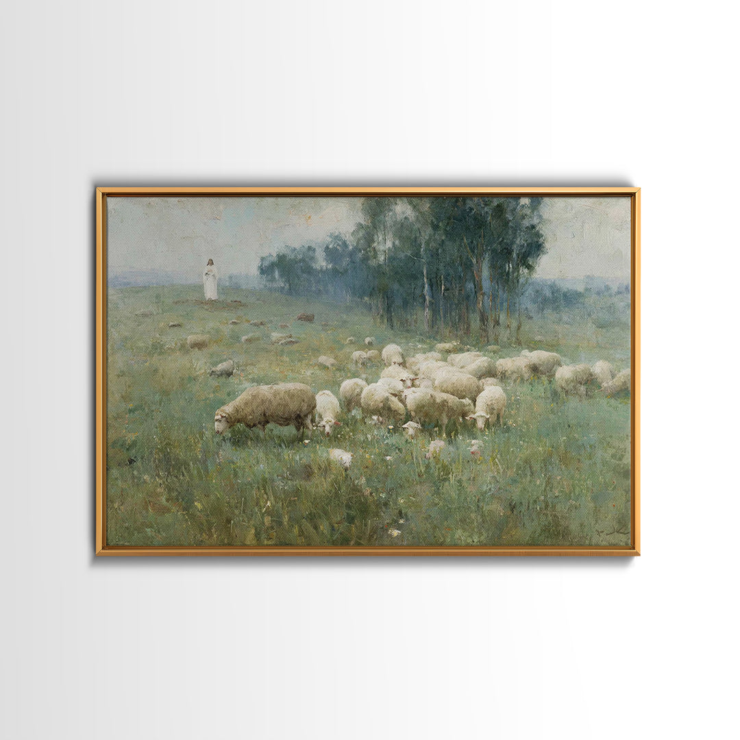 Hillside Shepherd Calm | Framed Canvas Print | Christian Art Print | Christian Wall Art | Jesus Painting | Vintage Christian Art | Christia