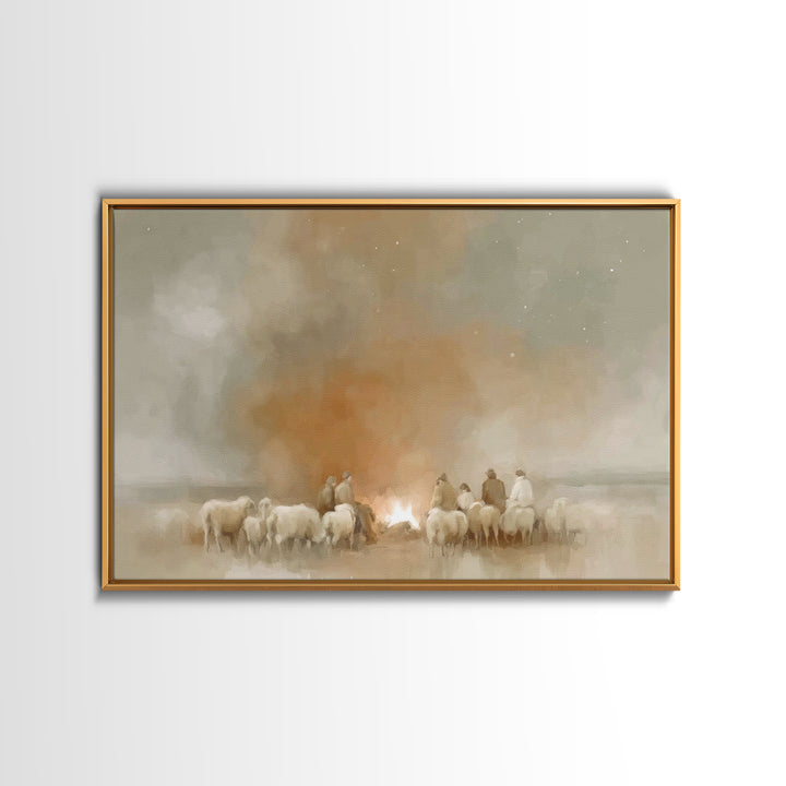Fireside Shepherd Night | Framed Canvas Print | Christian Wall Art | Christian Art Canvas | Christmas Art | Christian Christmas Decor | Chr
