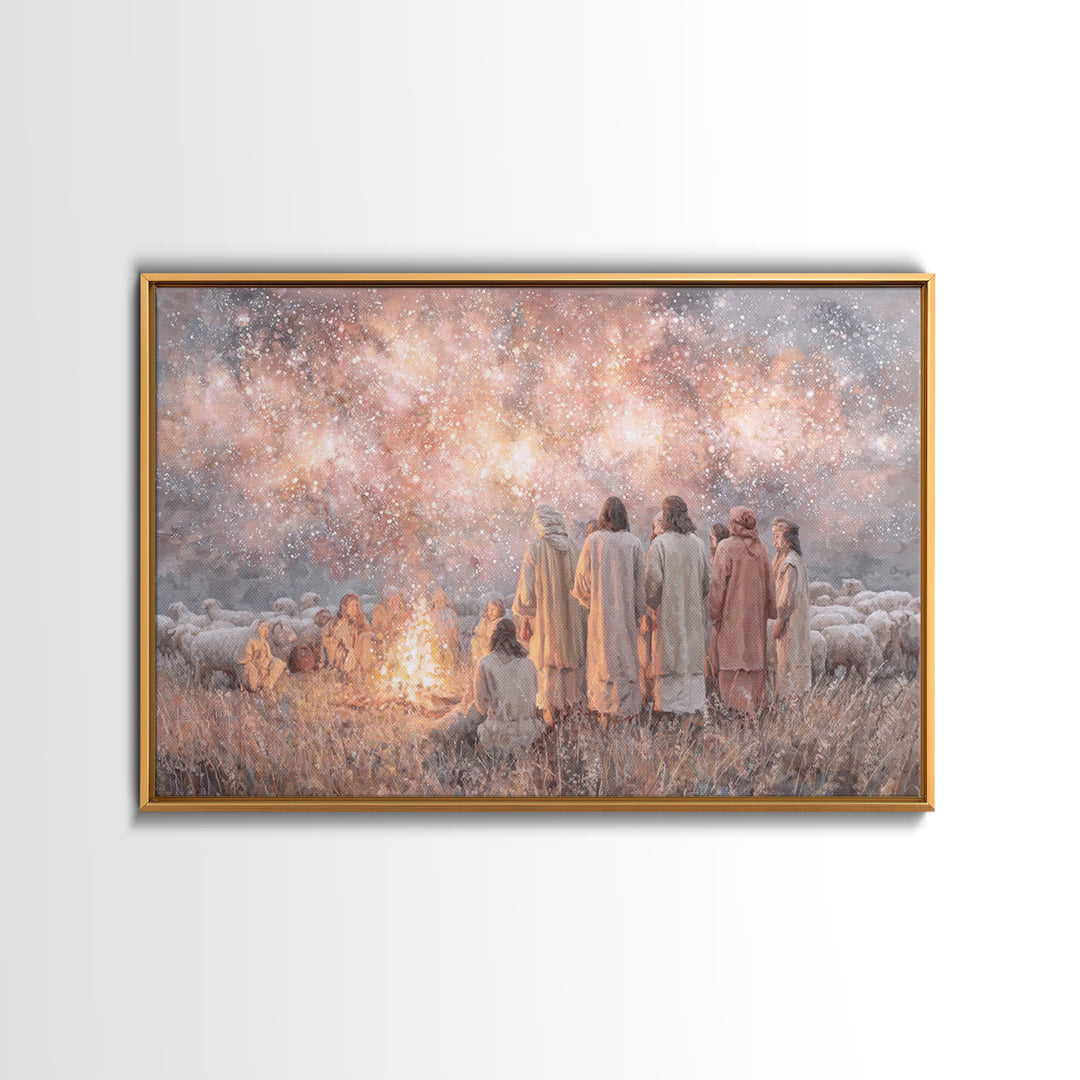 Celestial Gathering Light, Framed Canvas Print, Christian Wall Art, Christian Art Canvas, Christian Christmas Art, Jesus Painting, Modern C