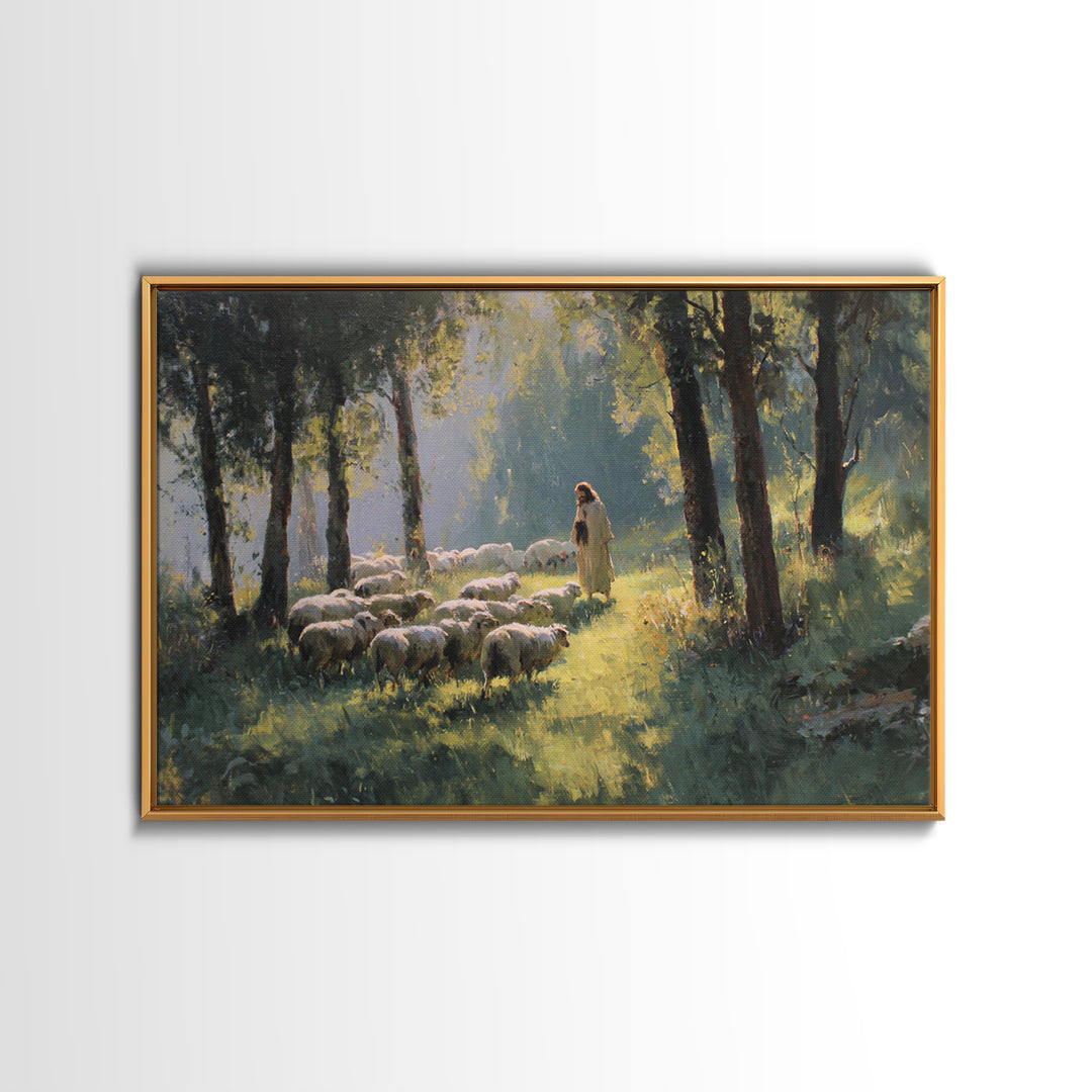 Morning Pastures Light, Framed Canvas Print, Jesus Painting, Christian Art Canvas, Christian Wall Art, Modern Christian Painting, Christian