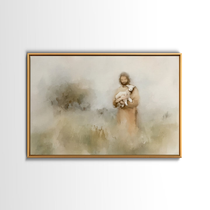 Soft Meadow Shepherd – Framed Canvas Print – Minimalist Christian Art – Christian Wall Art – Christian Art Canvas – Subtle Christian Painti