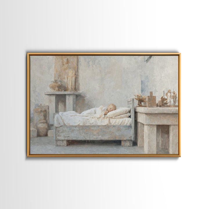 Silent Cradle Peace – Framed Canvas Print – Christian Art Painting – Christmas Art Work – Christian Wall Art – Jesus Art Print – Vintage Ch