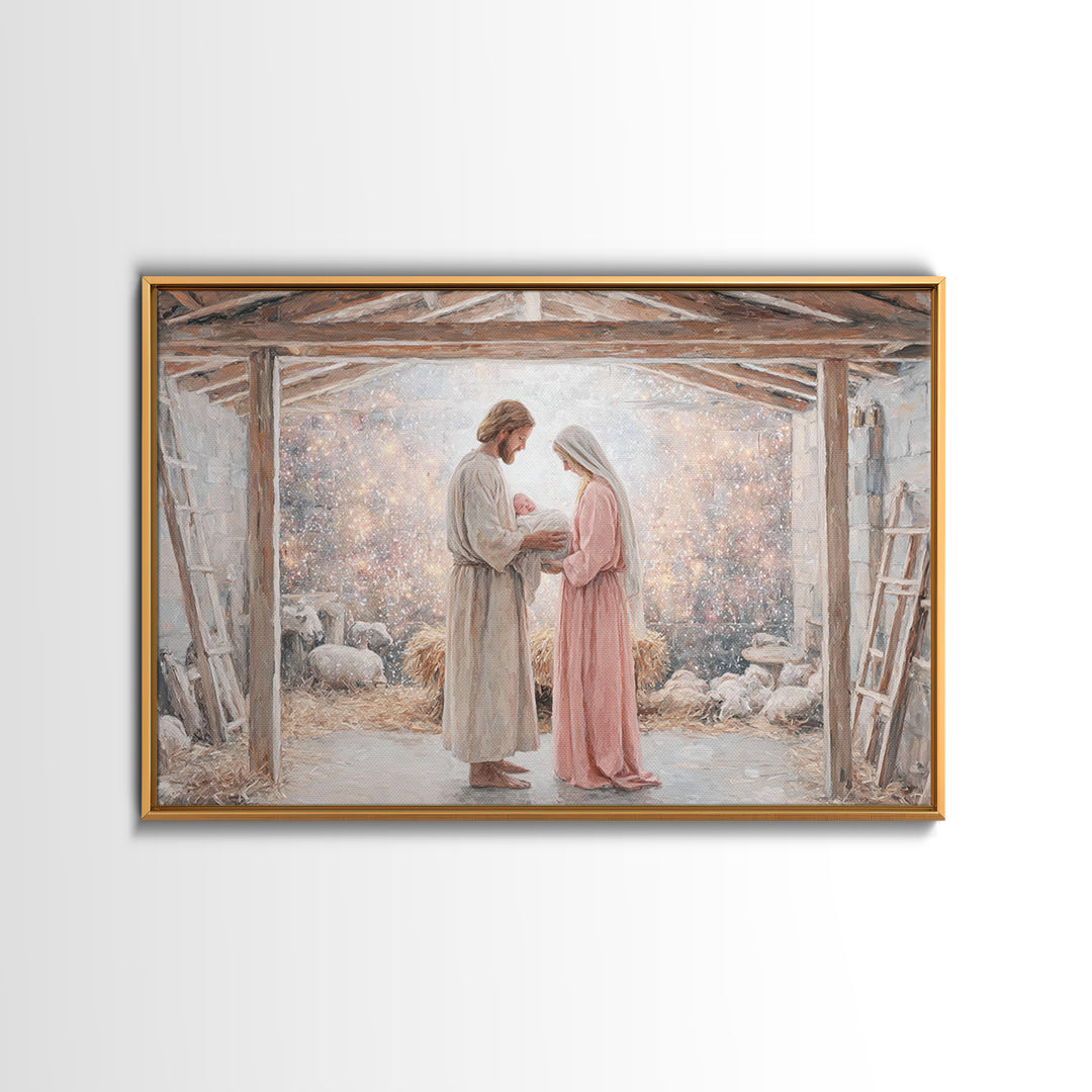 Holy Nativity Light | Framed Canvas Print | Christian Art Canvas | Christmas Art | Christian Wall Art | Jesus Christmas Art | Christian Gif