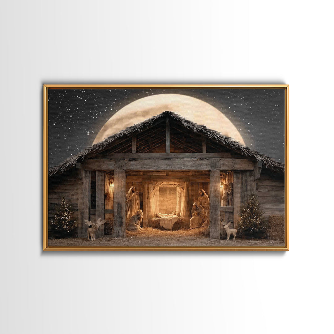 Moonlit Nativity, Framed Canvas Print, Christmas Art, Christian Wall Art, Christian Christmas Decor, Christian Art Canvas, Christmas Art Pr