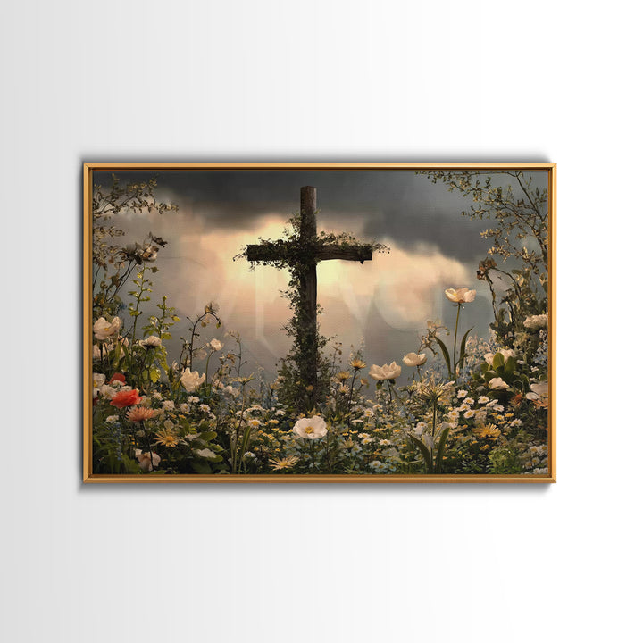 Cross Of Renewal – Framed Canvas Print – Christian Wall Art – Christian Art Canvas – Christian Paintings – Floral Christian Art – Christian