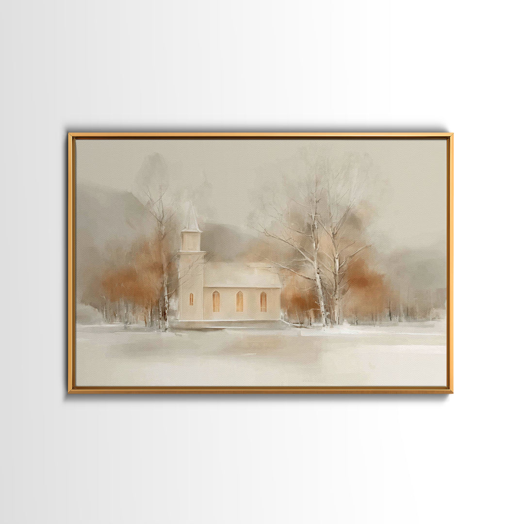 Winter Chapel Light, Framed Canvas Print, Christmas Art Prints, Christian Wall Art, Christian Christmas Decor, Modern Christmas Art, Framed
