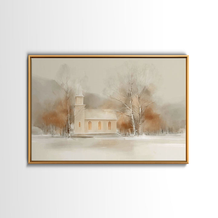 Winter Chapel Light, Framed Canvas Print, Christmas Art Prints, Christian Wall Art, Christian Christmas Decor, Modern Christmas Art, Framed